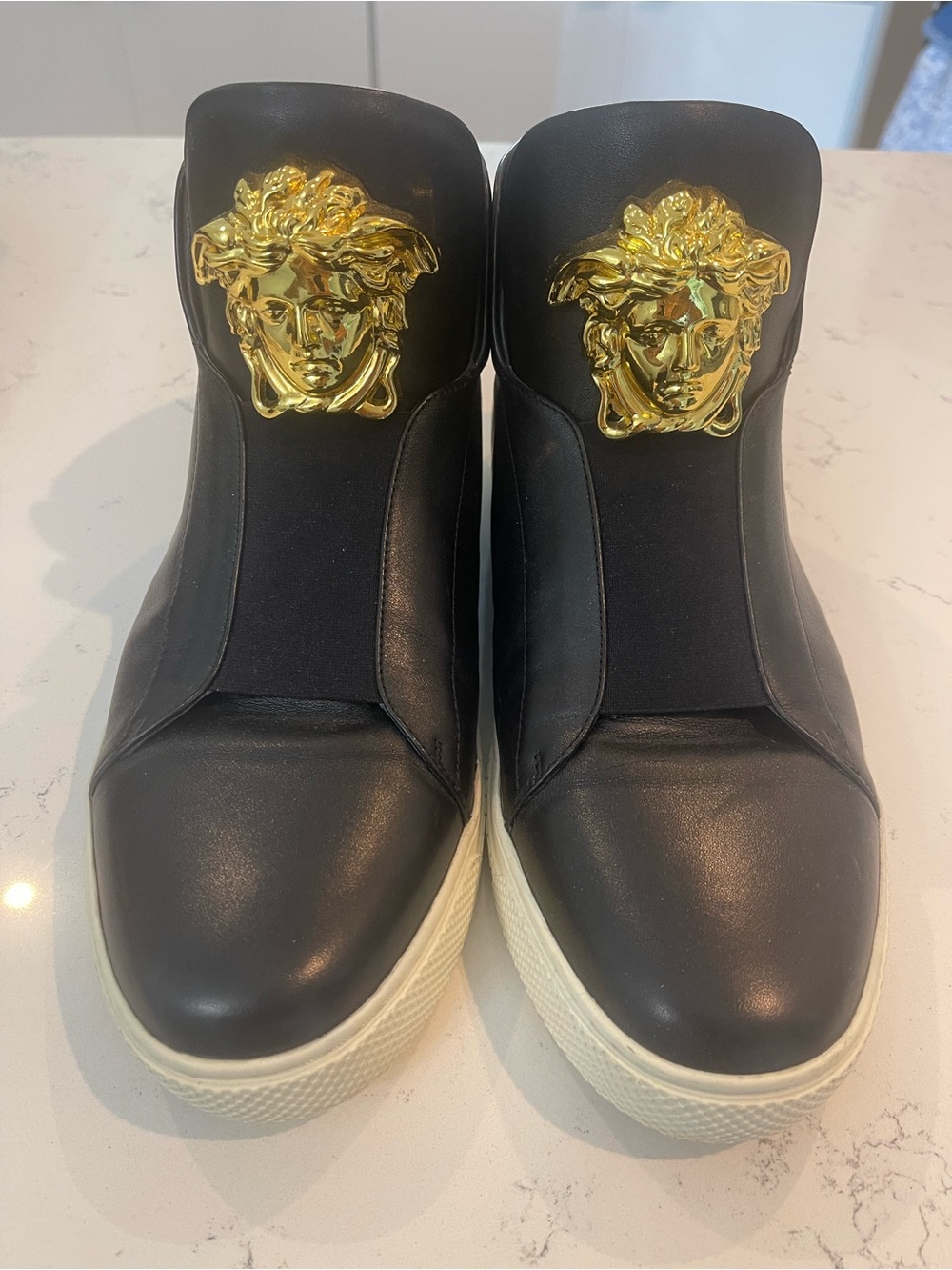 Versace Palazzo Idols Black Leather Slip-Ons with Gold Medusa